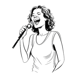 Line art drawing of a woman, representing Cardi B, with a charismatic smile performing with confidence and wit, microphone in hand on stage, against a white backdrop.