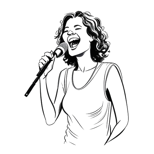 Dibujo a línea de una mujer, representando a Cardi B, con una sonrisa carismática actuando con confianza e ingenio, micrófono en mano en el escenario, contra un fondo blanco.