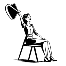 Dibujo a línea de una mujer, representando a Cardi B, en una silla de director con un megáfono y cartel de activismo, emanando liderazgo y creatividad, contra un fondo blanco.