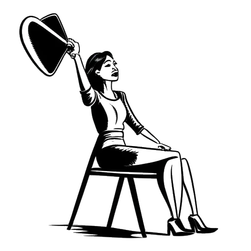 Line drawing of a woman, representing Cardi B, in a director's chair with a megaphone and activism placard, exuding leadership and creativity, against a white backdrop.