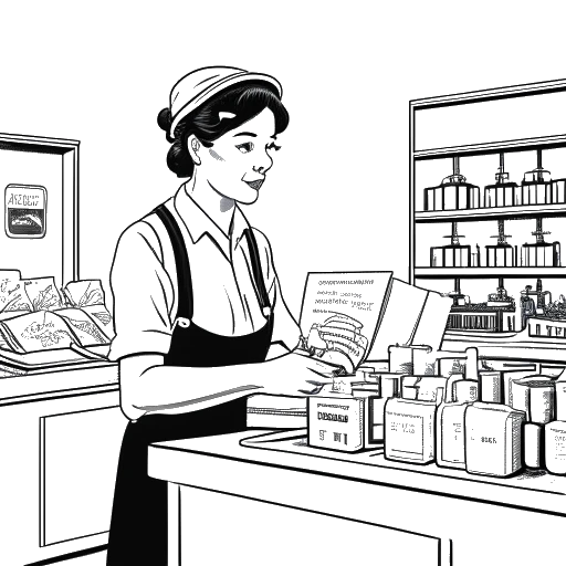 Line art drawing of a woman, representing Cardi B, working at an Amish market in TriBeCa, NYC.