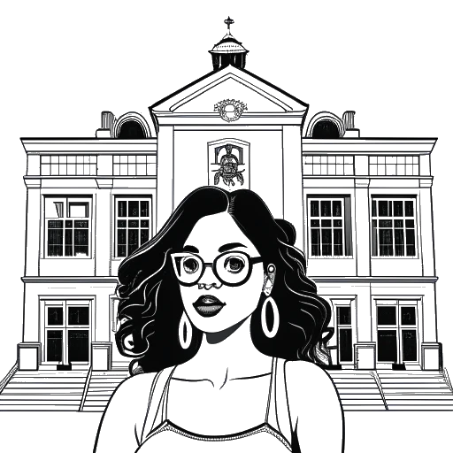 Line art drawing of a woman standing outside Renaissance High School for Musical Theater & Technology, representing Cardi B.
