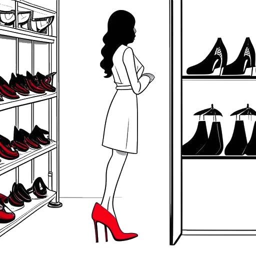 Lijntekening van een vrouw, die Cardi B vertegenwoordigt, die haar collectie op maat ontworpen schoenen van Christian Louboutin bewondert.