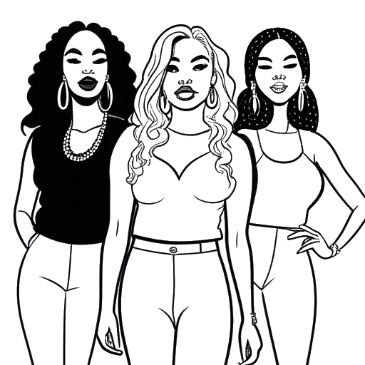 Lijntekening van drie vrouwen, die Cardi B, Adam Levine van Maroon 5 en Megan Thee Stallion vertegenwoordigen, waarbij hun samenwerkingen 'Girls Like You' en 'WAP' worden getoond.