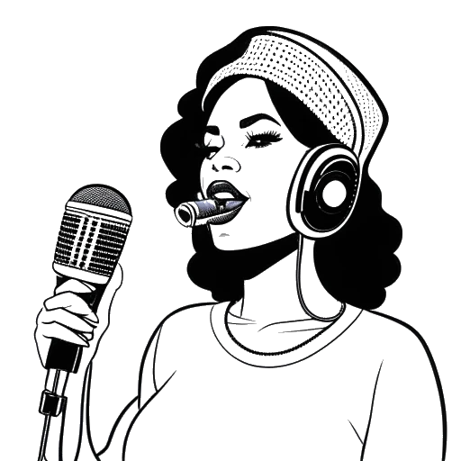 Dibujo de arte lineal de una mujer, representando a Cardi B, sosteniendo un micrófono y mostrando su primer mixtape, 'Gangsta Bitch Music, Vol. 1'.