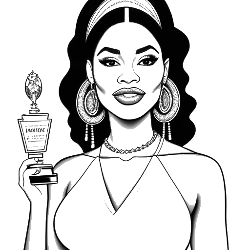 Line art drawing of a woman, representing Cardi B, holding the Forbes Most Influential Female Rapper and Billboard Woman of the Year awards.