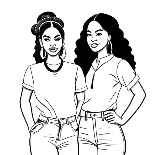 Dibujo de arte lineal de dos mujeres, representando a Cardi B y su hermana Hennessy Carolina, paradas juntas.
