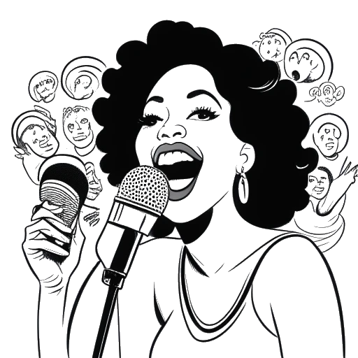 Dibujo de arte lineal de una mujer, representando a Cardi B, hablando en un micrófono con su estilo de comunicación humorístico y sincero en exhibición.