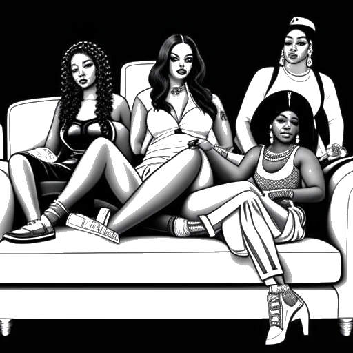 Line art drawing of a woman, representing Cardi B, sitting with the cast of VH1's Love & Hip Hop: New York.