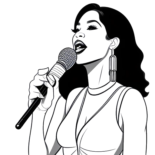 Line art drawing of a woman, representing Cardi B, holding a microphone and standing beside a chart displaying her multiple number-one songs on the Hot 100.