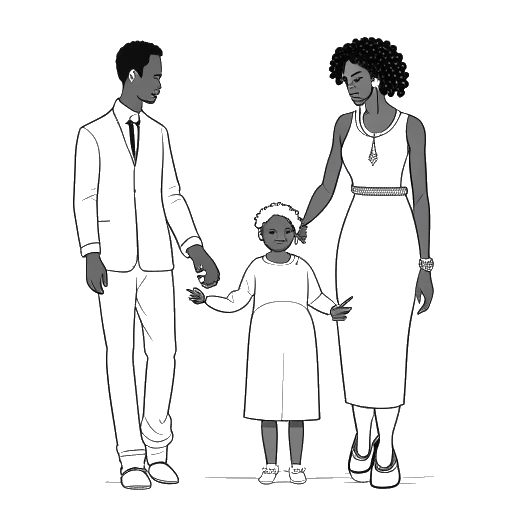 Line art drawing of a woman, representing Cardi B, holding hands with fellow rapper Offset, with their two children beside them.