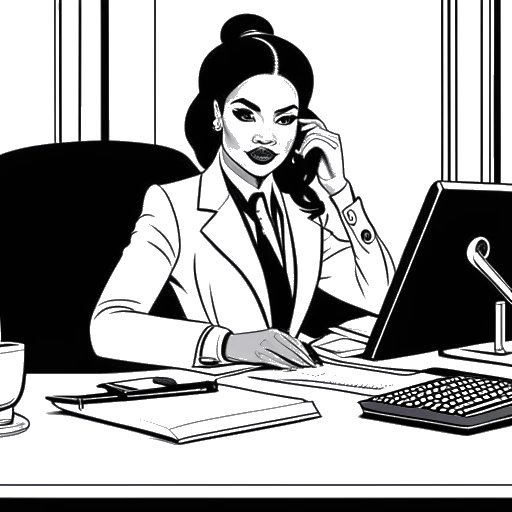 Dibujo de arte lineal de una mujer, representando a Cardi B, sentada en un escritorio como Directora Creativa de Playboy.