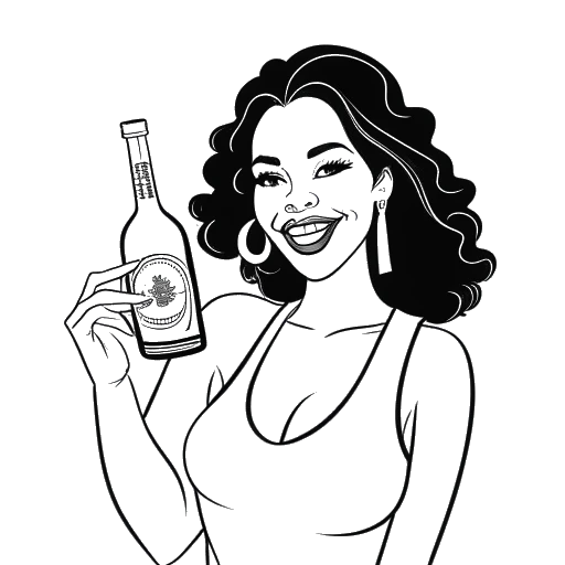 Line art drawing of a woman, representing Cardi B, holding a bottle of Bacardi rum, illustrating the origin of her stage name.