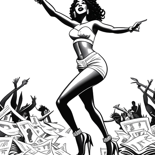 Line art drawing of a woman, representing Cardi B, performing as a stripper, which she credits for helping her escape poverty and abuse.