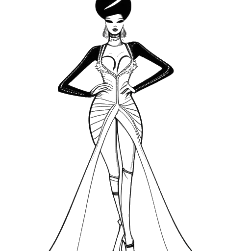 Dibujo de arte lineal de una mujer, representando a Cardi B, mostrando su único sentido de la moda con un atuendo de Thierry Mugler.