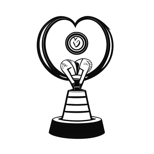 Line art drawing of a Grammy award trophy, a film reel, and a hand holding a heart, representing Skrillex’s achievements in music, contributions to film, and philanthropic efforts, all set against a white backdrop.