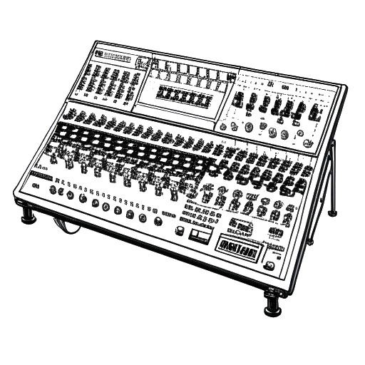 Lijntekening van een audio-mixingconsole, die Skrillex's diversificatie in muziek vertegenwoordigt, met ingewikkelde knoppen en schuiven die een scala aan geluidsproductietechnieken symboliseren tegen een witte achtergrond.