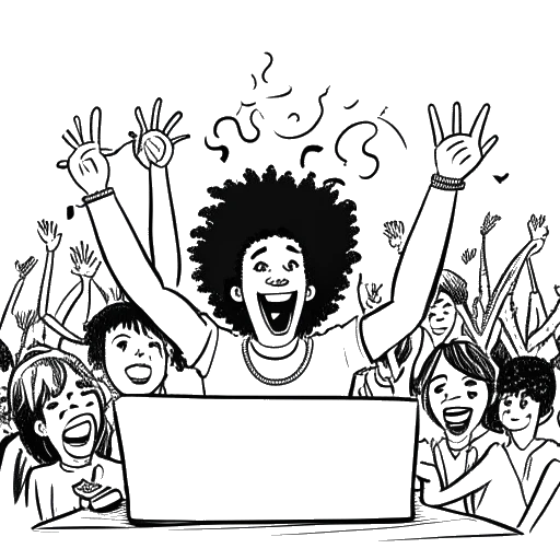 Line art drawing of a man, representing Skrillex, with wild hair, working on a laptop, encapsulated by musical notes with an audience in the background, against a white backdrop.