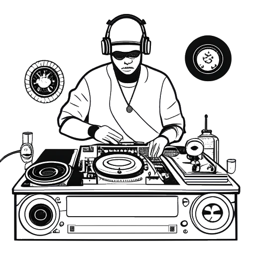 Lijntekening van een man die Skrillex vertegenwoordigt aan een DJ-console met koptelefoon, afgewisseld met Grammy-awards, een embleem van een platenlabel en filmrollen, tegen een witte achtergrond.