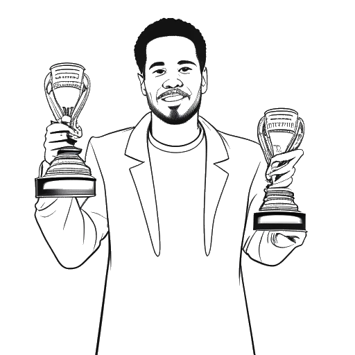 Line art drawing of a man representing Skrillex, holding 3 Grammy awards.