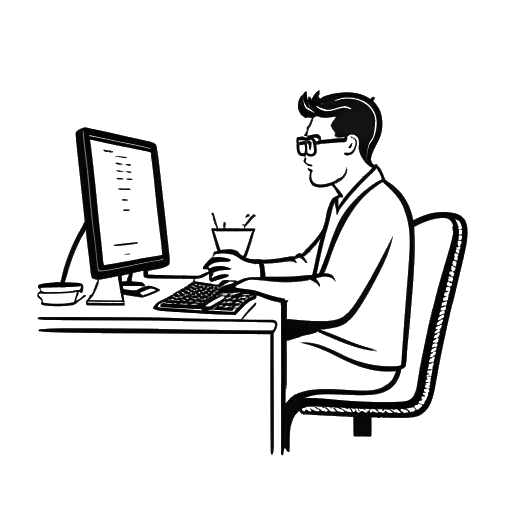 Line art drawing of a person, representing Skrillex, seated in front of a computer with an AOL chat window open.