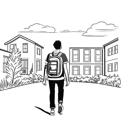 Lijn kunsttekening van een man die Skrillex vertegenwoordigt, die wegloopt van een schoolgebouw.