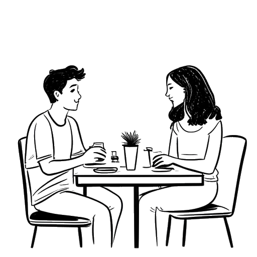Line art drawing of 2 people representing Skrillex and Ellie Goulding, on a date.