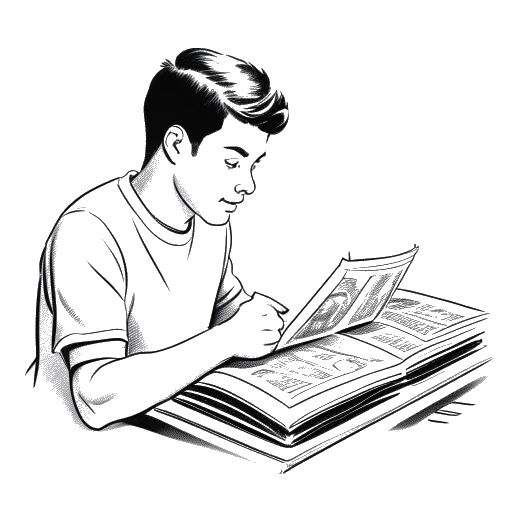 Line art drawing of a young man representing Skrillex, looking at a family photo album.