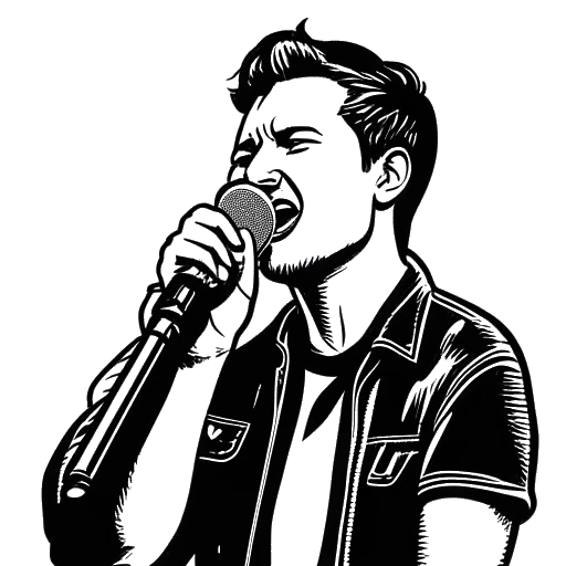 Line art drawing of a person, representing Skrillex, holding a microphone with the 'From First to Last' logo in the background.