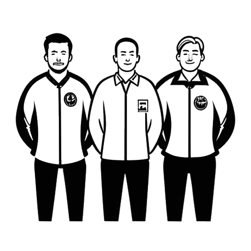 Line art drawing of 3 men representing Skrillex, Diplo, and Boys Noize, with the Jack Ü and Dog Blood logos behind them.