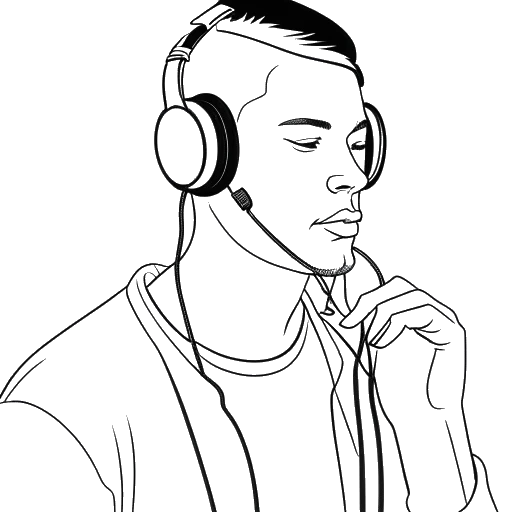 Line art drawing of a person, representing Skrillex, listening to music with headphones.