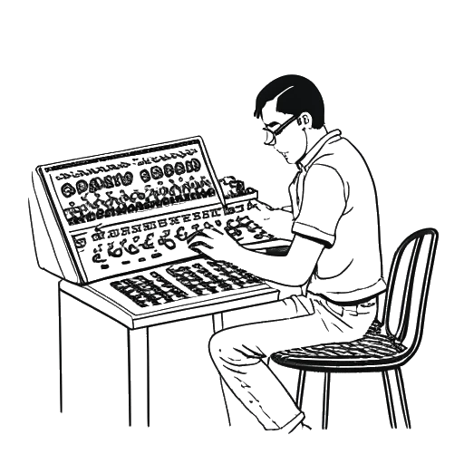Strichzeichnung eines Mannes, der Skrillex darstellt, der an einer Musikmischkonsole arbeitet.