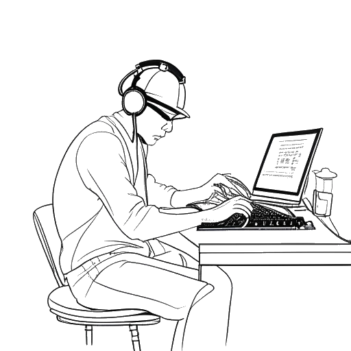Line art drawing of a person, representing Skrillex, working on a music remix.