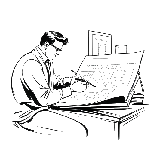 Line art drawing of a man representing Skrillex, working on a music score for a film.