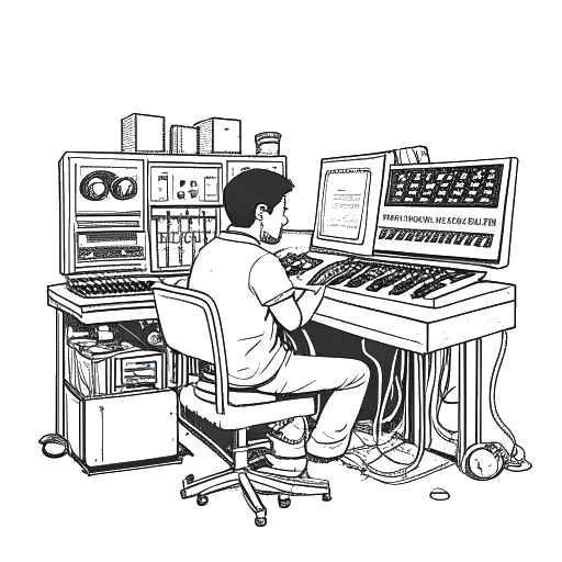 Strichzeichnung eines Mannes, der Skrillex darstellt, der in einem Musikstudio arbeitet mit einer Mischung aus analoger und digitaler Ausrüstung.