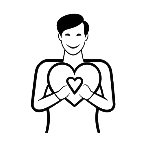 Line art drawing of a man representing Skrillex, holding the OWSLA Foundation logo shaped like a heart.