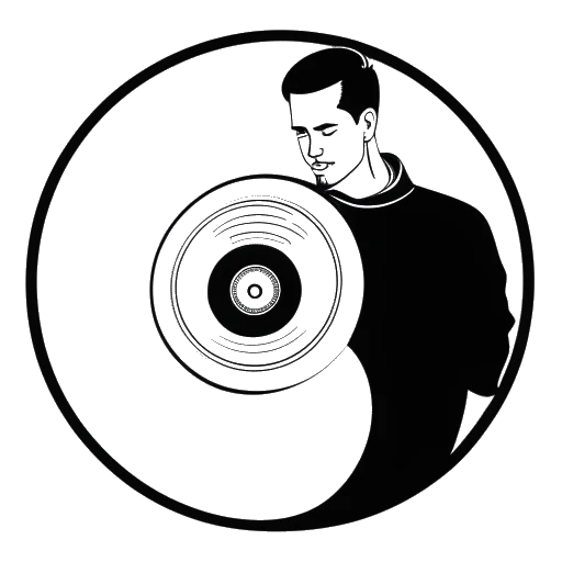 Desenho em arte linear de um homem representando Skrillex, segurando um disco de vinil com a capa do álbum Recess.