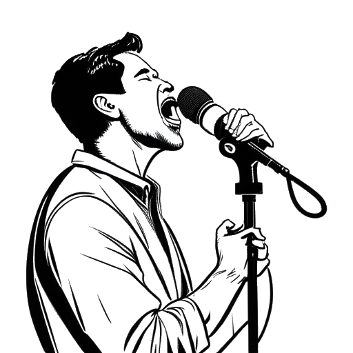 Strichzeichnung eines Mannes, der Skrillex darstellt, der in ein Mikrofon singt.