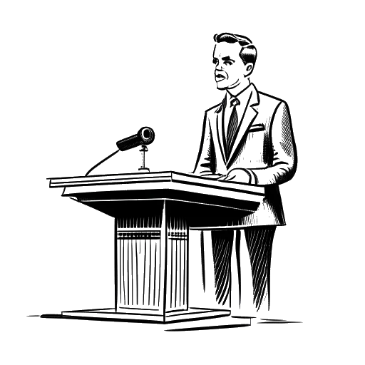 Line art drawing of a person, representing Skrillex, speaking from a podium.