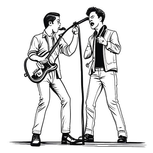 Line art drawing of two persons, representing Skrillex and Yoshiki, performing together on stage.