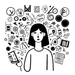 Een zwart-wit lijntekening van een figuur omringd door symbolen die controverses vertegenwoordigen, met sociale media-iconen op de achtergrond. De afbeelding vertegenwoordigt Andrew Tate's controversiële aard en zijn aanwezigheid op diverse sociale media-platforms.