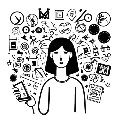 Een zwart-wit lijntekening van een figuur omringd door symbolen die controverses vertegenwoordigen, met sociale media-iconen op de achtergrond. De afbeelding vertegenwoordigt Andrew Tate's controversiële aard en zijn aanwezigheid op diverse sociale media-platforms.