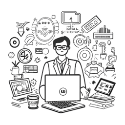 Eine schwarz-weiße Linienzeichnung eines Unternehmers, der mit einem Laptop sitzt, umgeben von Geldsymbolen und verschiedenen Geschäftsikonen. Das Bild repräsentiert Andrew Tates Einstieg in das Unternehmertum und seine Online-Plattform, die Hustler's University.