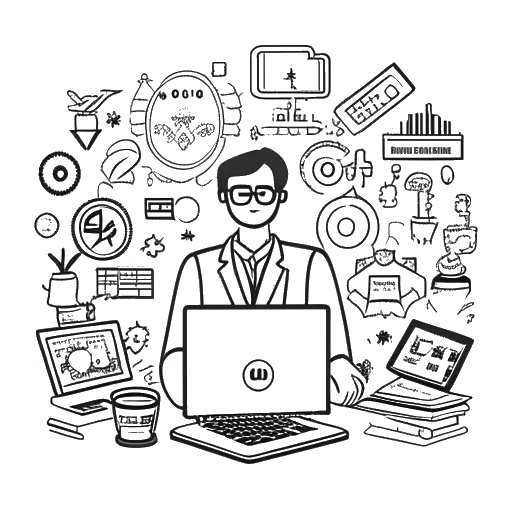 Un dessin en noir et blanc d'un entrepreneur assis avec un ordinateur portable, entouré de symboles d'argent et de diverses icônes commerciales. L'image représente la incursion d'Andrew Tate dans l'entrepreneuriat et sa plateforme en ligne, Hustler's University.