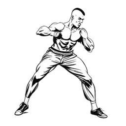 Een zwart-wit lijntekening van een zeer bekwame kickbokser die kracht, snelheid en precisie in zijn bewegingen toont. De afbeelding vertegenwoordigt Andrew Tate's succesvolle kickbokscarrière.