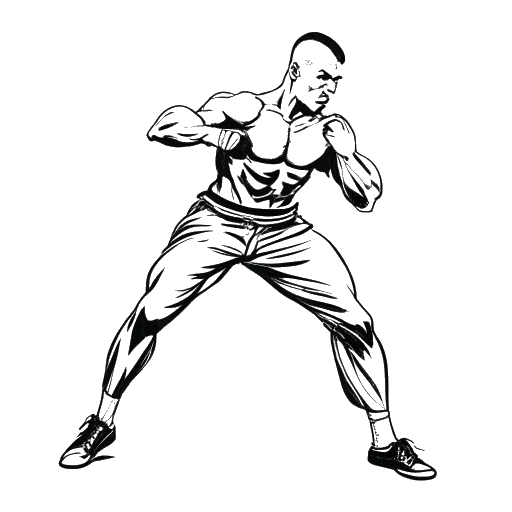 Eine schwarz-weiße Linienzeichnung eines hochqualifizierten Kickboxers, der Kraft, Schnelligkeit und Präzision in seinen Bewegungen zeigt. Das Bild repräsentiert Andrew Tates erfolgreiche Kickbox-Karriere.