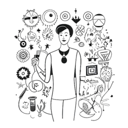 Een zwart-wit lijntekening van een figuur met een aanzienlijke online aanhang, omringd door symbolen die luxe en bewondering vertegenwoordigen. De afbeelding vertegenwoordigt Andrew Tate's aanzienlijke impact en online persoonlijkheid.