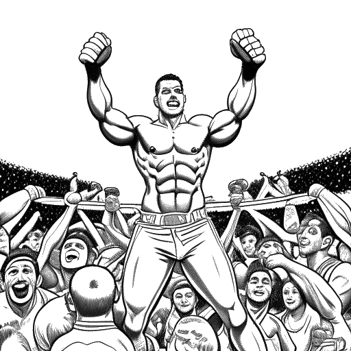 Line art drawing of a confident man with a muscular physique, wearing boxing shorts and gloves, surrounded by cheering crowds in a ring. Championship belts adorn his shoulders as symbols of his kickboxing success. On one side, luxury cars and stacks of cash represent his entrepreneurial pursuits, while social media icons and controversial symbols on the other side reflect his polarizing persona. The drawing captures the dynamism of his athletic achievements and the diverse elements of his financial portfolio.