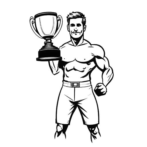 Line art drawing of Andrew Tate holding a trophy for 7th rank in UK light heavyweight kickboxing