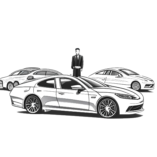 Disegno in arte lineare di Andrew Tate con la sua collezione di auto di lusso